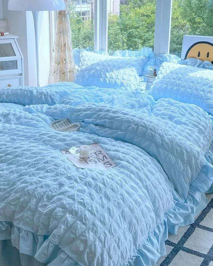 Luxe Korean Princess Lace Ruffle Bedding Ensemble with Duvet Cover, Bed Sheet, Skirt, and Pillowcases