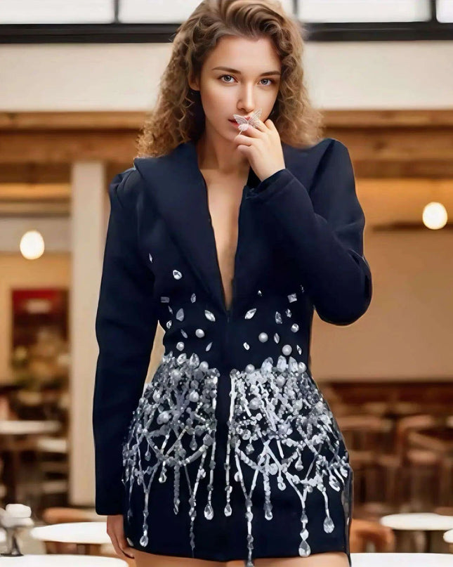 Midnight Elegance: Black Crystal Pearl Mini Dress with Chic Suit Collar