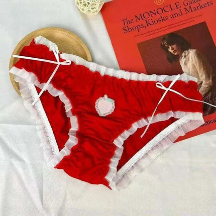 Adorable Kawaii Strawberry Satin Briefs with Ruffle Flounces for Women