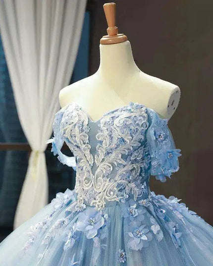 Stunning Off-The-Shoulder Cerulean Quinceanera Ball Gown with Graceful Lace Details and Dramatic Train