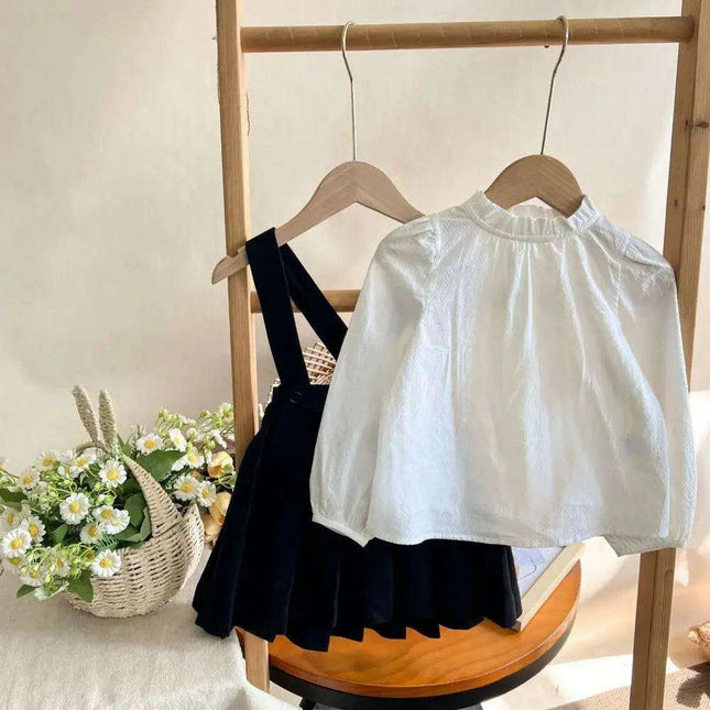 Girls' Long Sleeve Top and Playful Suspender Skirt Ensemble for Effortless Style