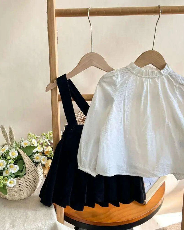 Girls' Long Sleeve Top and Playful Suspender Skirt Ensemble for Effortless Style