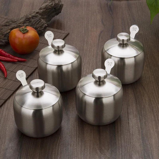 Sleek Stainless Steel Spice Storage and Dispensing Set with Spoon