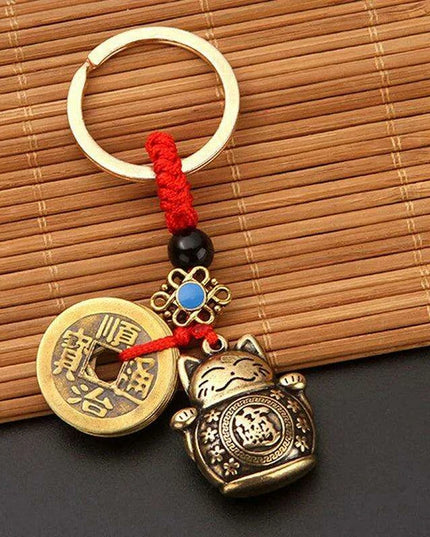 Brass Lucky Cat Keychain with Fortune Coin for Abundant Blessings