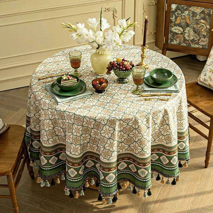 Luxurious Dark Green Round Tablecloth with Elegant Hanging Accents
