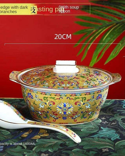 Authentic Elegant Under-glazed Ceramic Soup Pot with Lid and Spoon - Large Round Design with Gold Accents for Chinese Dining and Decor