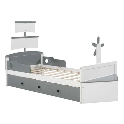 Race Car-Inspired Twin Bedroom Set with Trundle Bed and Nightstands - White/Gray Pine Wood Furniture