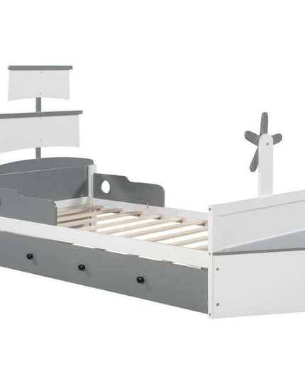 Race Car-Inspired Twin Bedroom Set with Trundle Bed and Nightstands - White/Gray Pine Wood Furniture