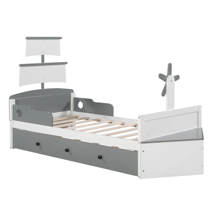 Race Car Boat Twin Bedroom Set with Trundle Bed and Nightstands, White/Gray - Storage Drawers, Pine Wood Construction
