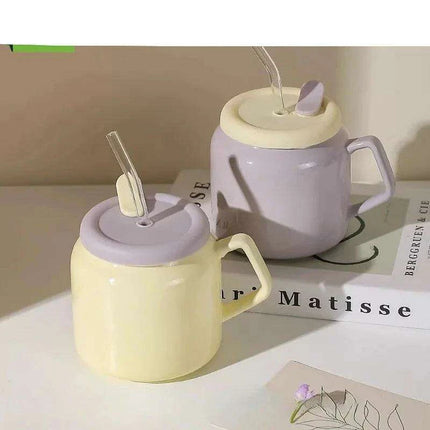 Charming Purple and Beige Ceramic Love Mug Set with Lid and Straw