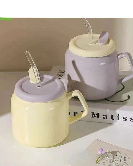 Charming Purple and Beige Ceramic Love Mug Set with Lid and Straw