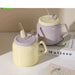 Adorable Purple and Beige Ceramic Couple Mug Set with Lid and Straw