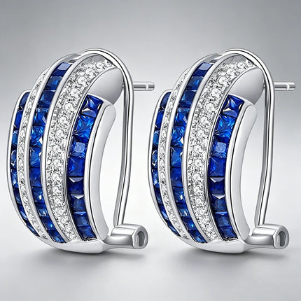 Blue & White Cubic Zirconia Hoop Earrings — Brass Setting, 5.1g