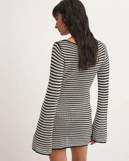 Women's Chic Striped Knit Mini Dress - High Waist Long Sleeve Style for Autumn/Winter