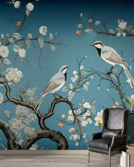 Elegant Hand-Painted Asian Mural Wallpaper Featuring Birds and Blossoms - Customizable Home Decor Art