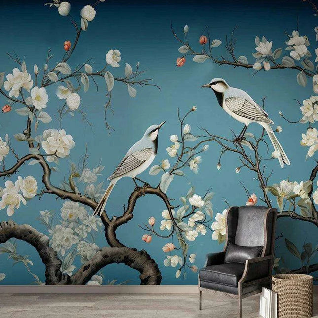 Elegant Hand-Painted Asian Mural Wallpaper Featuring Birds and Blossoms - Customizable Home Decor Art