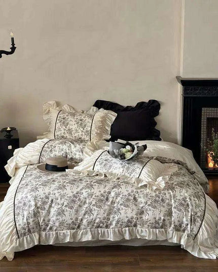 Elegant Beige Floral Ruffled Cotton Bedding Set – 4-Piece Duvet Cover, Sheet, and Pillowcases