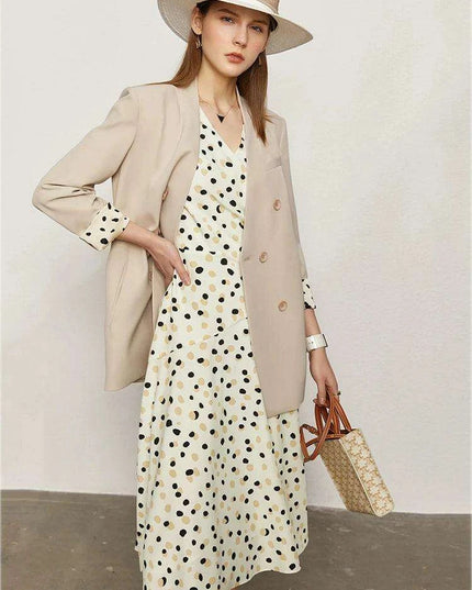 Elegant Chic Dot Print V-Neck Midi Dress for Women – Stylish Summer A-Line Chiffon Dress in White