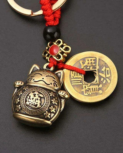 Lucky Fortune Cat Brass Keychain with Five Emperors Coin Charm