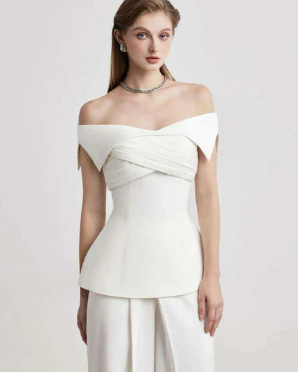 Summer 2-Piece Set with Off-Shoulder Neckline and Cross-Back Design - Pleated Jacket & Flowing Pants