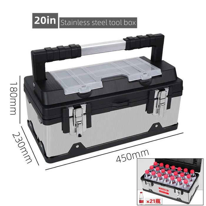 Stainless Steel Toolbox with Enhanced Storage and Dual Lock System