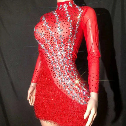 Glamorous Red Mesh Bodycon Dress with Crystal Accents and Sleeves