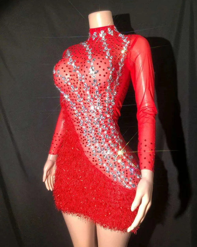 Glamorous Red Mesh Bodycon Dress with Crystal Accents and Sleeves