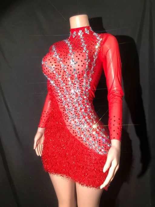 Radiant Crystal Diamonds Red Mesh Long Sleeve Mini Bodycon Dress for Women
