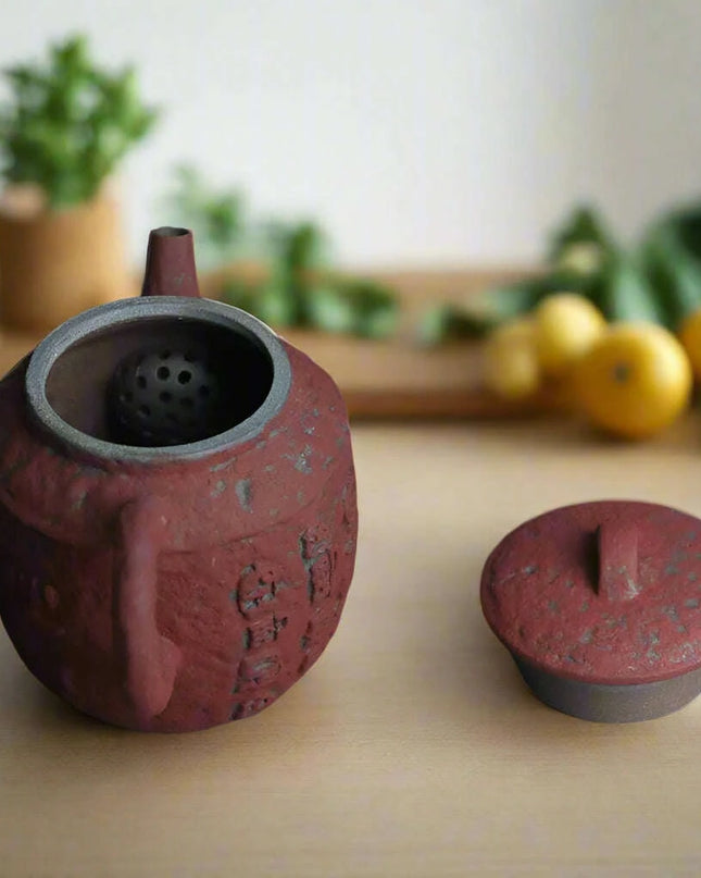 Inspirational Ochre Red Artisan Mini Tea Kettle with Decorative Scripture Embossing