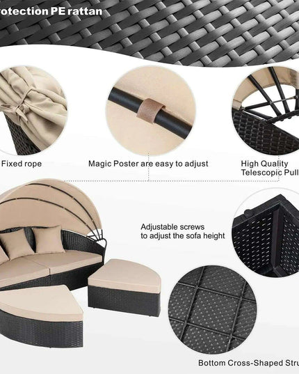 Versatile Black Wicker Round Daybed with Adjustable Canopy - Chic Outdoor Lounge Solution