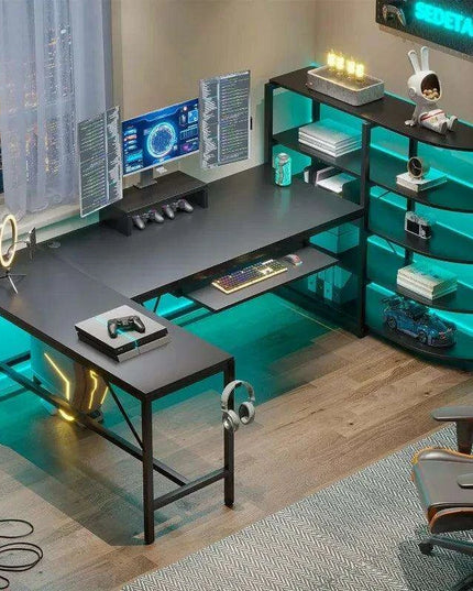 L-Shaped Gaming Desk with RGB Lighting and Versatile Storage Solutions