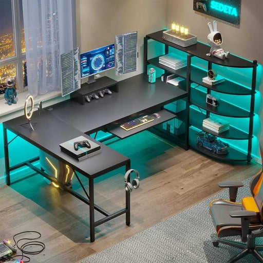 L-Shaped Gaming Desk with RGB Lighting and Versatile Storage Solutions