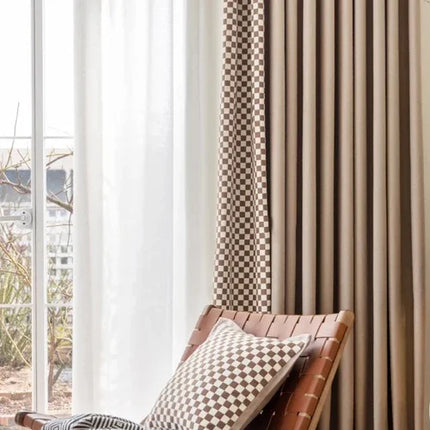 Customized French Retro Checkerboard Jacquard Curtain For Living Room Bay Window