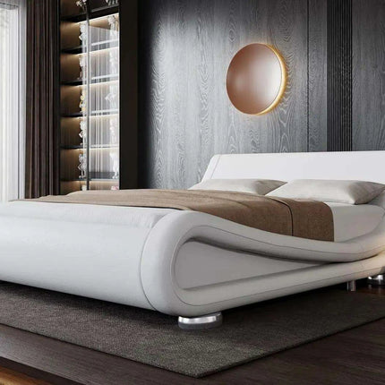 Chic White PU Leather Full-Size Bed Frame with Adjustable Sleigh Headboard for Ultimate Comfort