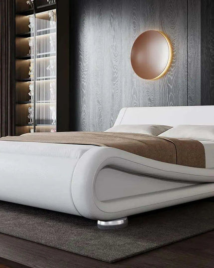 Chic White PU Leather Full-Size Bed Frame with Adjustable Sleigh Headboard for Ultimate Comfort