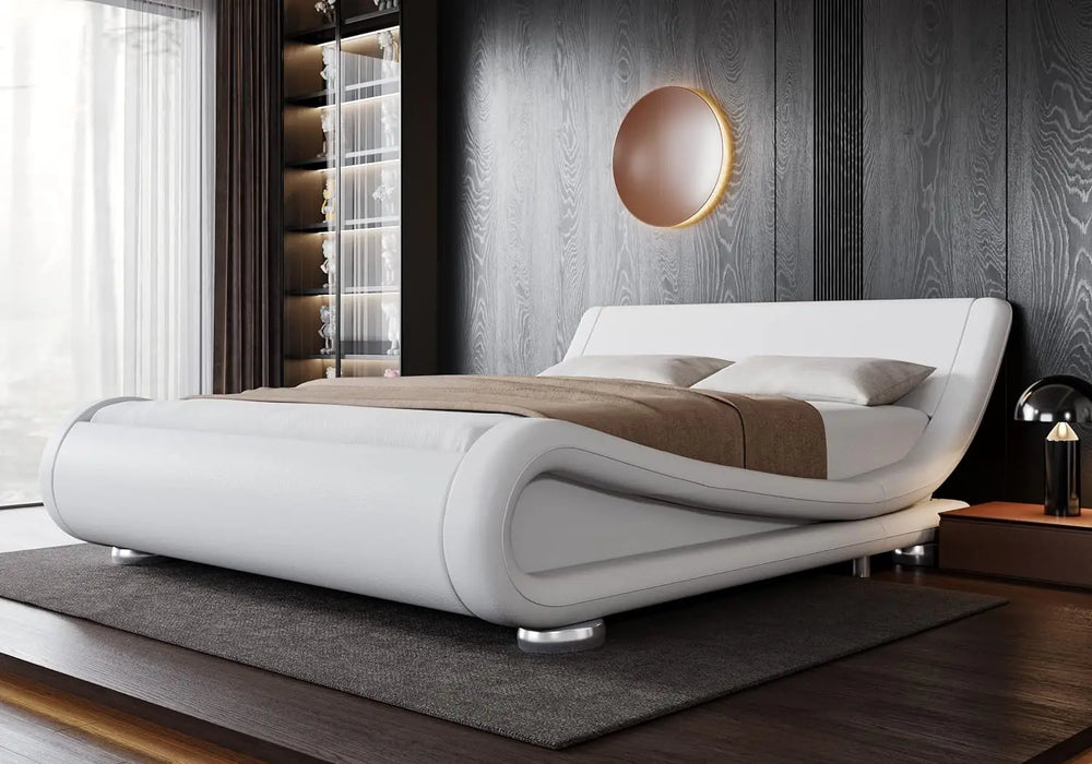 Elegant White Full-Size Bed Frame with Adjustable Sleigh Headboard