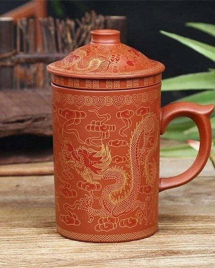 Handcrafted Dragon Design Purple Clay Tea Mug Set with Infuser and Lid