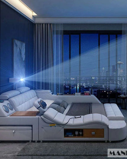 Elegant Tech-Enhanced King-Size Leather Bed with Massage and Multimedia Features