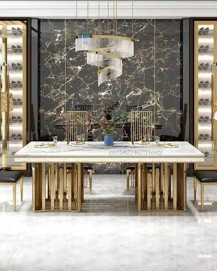 Exquisite Italian-Inspired White Marble Dining Set with Sleek Stainless Steel Chairs - Limited Edition