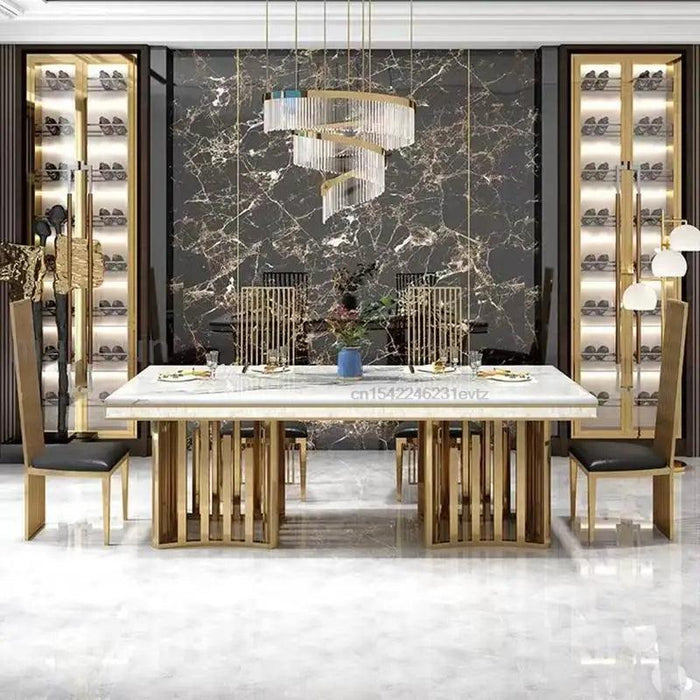 Modern White Marble Dining Table Set with Stainless Steel Chairs - Luxury Italian Inspired Collection