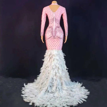 Chic Pink Trumpet Dress with Feather Details for Women Performers