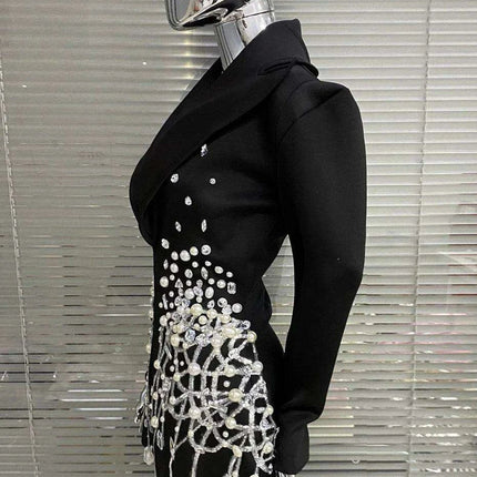 Midnight Elegance: Black Crystal Pearl Mini Dress with Chic Suit Collar