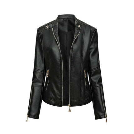 Retro Chic Women's Faux Leather Biker Jacket - Stylish Zip-Up Coat with Elegant Lapel
