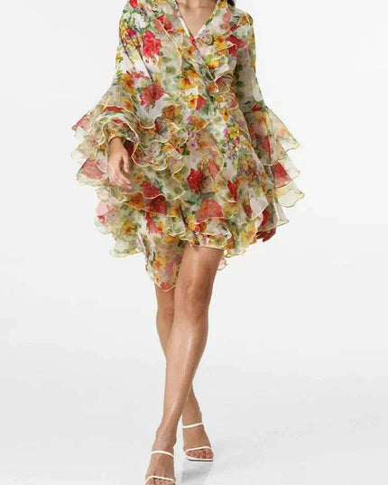 Bohemian Summer Floral V-Neck Dress with Ruffles