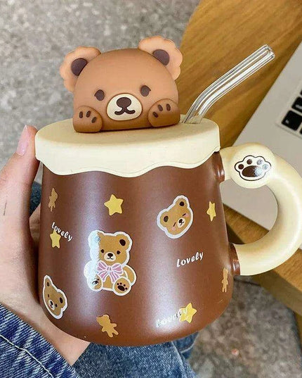 Charming Bear Ceramic Mug Set with Lid and Spoon - 450ml for Enhanced Beverage Enjoyment