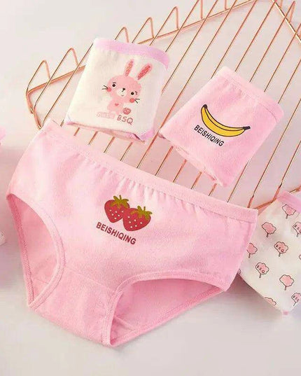 4 pcs Girls' Cotton Briefs Collection - Soft, Breathable & Playful Patterns for Kids