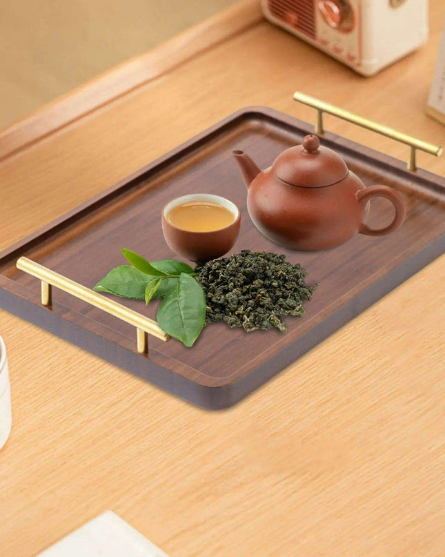 Stylish Wooden Serving Tray with Sturdy Metal Handles - Multi-Functional Decorative Platter for Entertaining and Home Styling