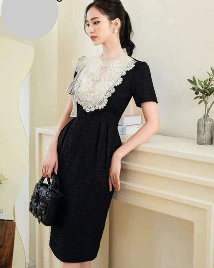 Elegant Embroidered Lace Dress with Stylish Ribbon Accents