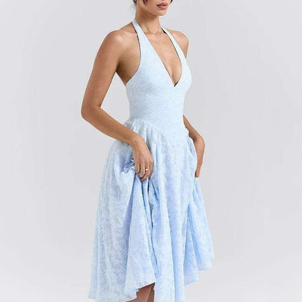 Elegant Backless A-line Evening Gown with Deep V Neck Halter Design for Women