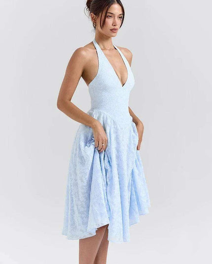 Elegant Backless A-line Evening Gown with Deep V Neck Halter Design for Women